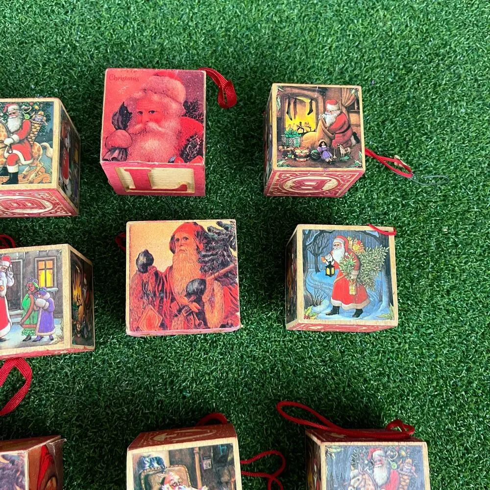 Set of 16 Vintage Wooden Alphabet and Santa Claus Christmas Block Ornaments